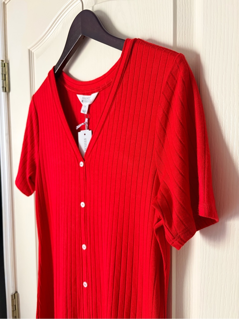 NWT Market & Spruce Red Button Front V Neck Short Sleeve stretchy MIDI Dress, M - Picture 2 of 10